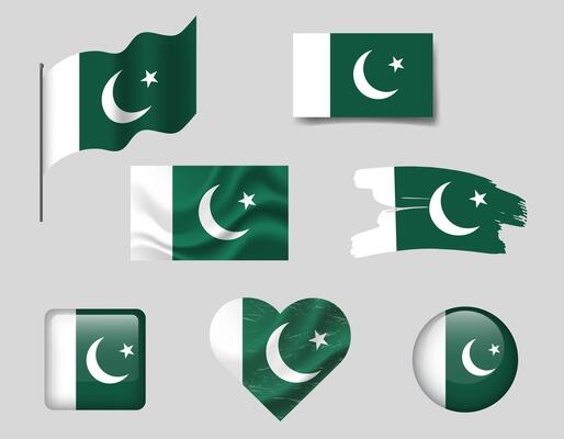Pakistan flag set of icons. flag of Pakistan symbol. Set of Pakistan flags button, brush, waved, heart.