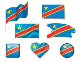 flag Democratic Republic Congo flag set of icons. flag of DRC, symbol. Set of Congo flags button, waved, heart. vector