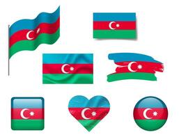 Azerbaijan flag set of icons. flag of Azerbaijan, symbol. Set of Azerbaijan flags button, brush, waved, heart. vector