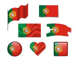 Portugal flag set of icons. flag of Portugal, symbol. Set of Portugal flags brush, button, waved, heart. vector