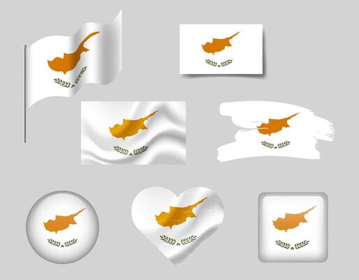Cyprus flag - set of icons. flag of Cyprus, symbol. Set of Cyprus flags brush, button, waved, heart.