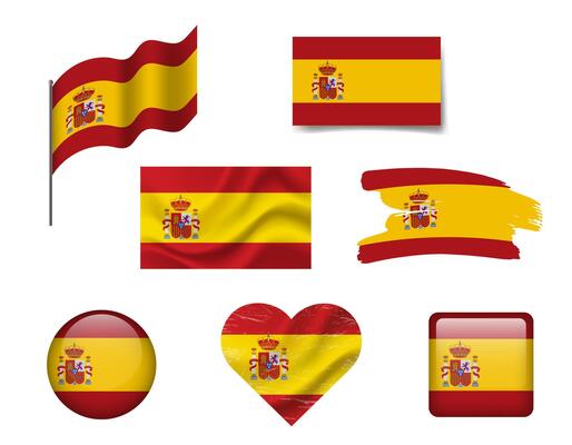 Spain flag set of icons. flag of Spain, symbol. Set of spanish flags brush, button, waved, heart.
