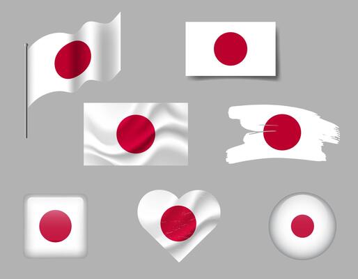 Japan flag set of icons. flag of Japan symbol. Set of Japanese flags button, waved, brush, heart.