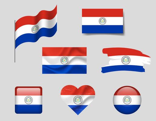Paraguay flag set of icons. flag of Paraguay, symbol. Set of Paraguay flags brush, button, waved, heart.