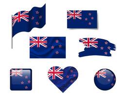 New Zealand flag set of icons. flag of New Zealand, symbol. Set of New Zealand flags button, waved, heart. vector