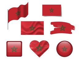 Morocco flag set of icons. flag of Morocco, symbol. Set of Moroccan flags button, brush, waved, heart. vector