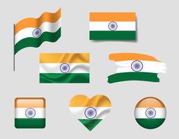 India flag set of icons. flag of India symbol. Set of Indian flags button, brush, waved, heart. vector