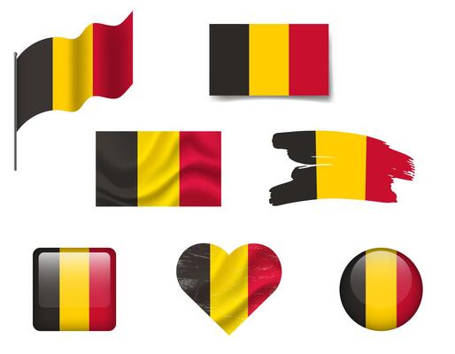 Belgium flag set of icons. flag of Belgium, symbol. Set of Belgian flags brush, button, waved, heart.