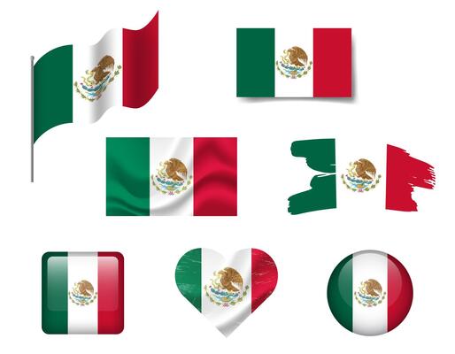 Mexico flag set of icons. flag of Mexico, symbol. Set of Mexican flags button, waved, brush, heart.