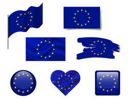 European Union flag set of icons. flag of EU, symbol. Set of Europa flags brush, button, waved, heart. vector