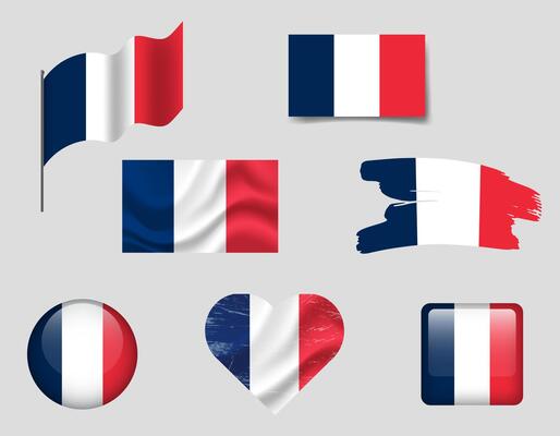 France flag set of icons. flag of France, symbol. Set of french flags brush, button, waved, heart.