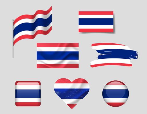 Thailand flag set of icons. flag of Thailand, symbol. Set of Thai flags brush, button, waved, heart.