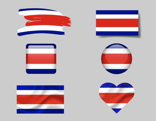 Costa Rica flag set of icons. flag of Costa Rica, symbol. Set of Costa Rica flags button, brush, waved, heart.