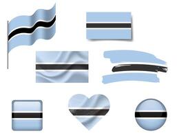 Botswana flag set of icons. flag of Botswana, symbol. Set of Botswana flags button, brush, waved, heart. vector
