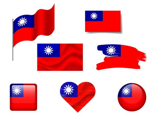 Taiwan flag set of icons. flag of Taiwan symbol. Set of Taiwan flags button, brush, waved, heart.