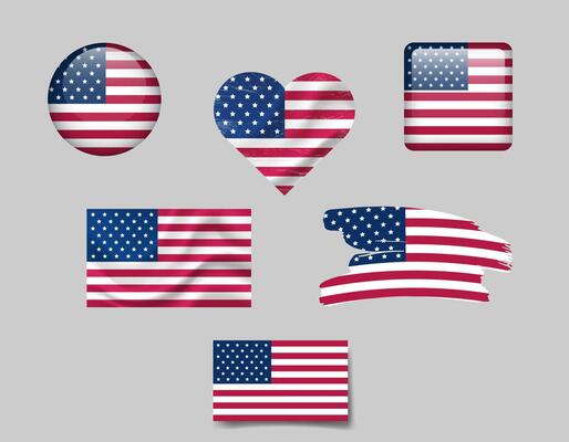 USA flag set of icons. flag of America, symbol. Set of american flags button, brush, waved, heart.