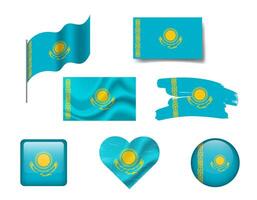 Kazakhstan flag set of icons. flag of Kazakhstan, symbol. Set of Kazakhstan flags button, waved, heart. vector