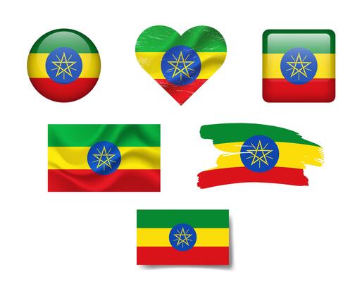 Ethiopia flag set of icons. flag of Ethiopia, symbol. Set of Ethiopia flags button, brush, waved, heart.