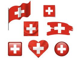 Switzerland flag set of icons. flag of Switzerland, symbol. Set of swiss flags button, waved, heart. vector