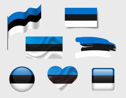 Estonia flag - set of icons. flag of Estonia, symbol. Set of Estonian flags brush, button, waved, heart. vector