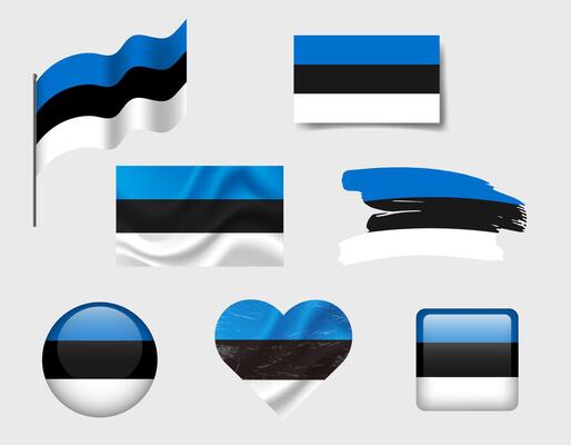 Estonia flag - set of icons. flag of Estonia, symbol. Set of Estonian flags brush, button, waved, heart.