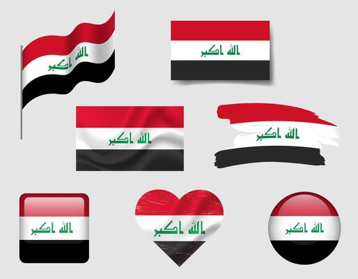 Iraq flag set of icons. flag of Iraq, symbol. Set of Iraq flags button, brush, waved, heart.