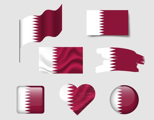 Qatar flag set of icons. flag of Qatar, symbol. Set of Qatar flags button, brush, waved, heart.