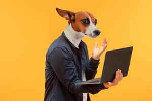 A dog with a human body is wearing a black shirt and using a laptop. The dog is looking at the laptop with a confused expression and has one hand raised in the air. photo