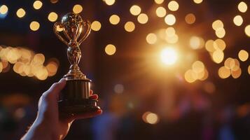 A hand proudly holds a shiny trophy, illuminated by a backdrop of soft, glowing lights during a festive celebration. photo