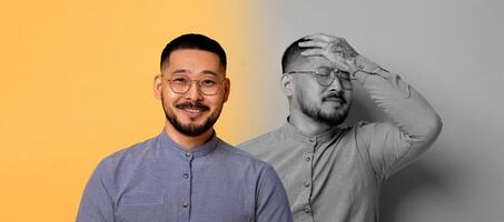 Asian man stands in front of a dual-toned backdrop, showcasing two contrasting expressions. One side reveals a bright smile, while the other depicts a hand on his forehead, reflecting stress photo