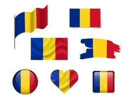 Romania flag set of icons. flag of Romania, symbol. Set of romanian flags brush, button, waved, heart. vector
