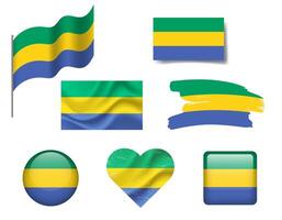 Gabon flag set of icons. flag of Gabon, symbol. Set of Gabon flags button, brush, waved, heart. vector