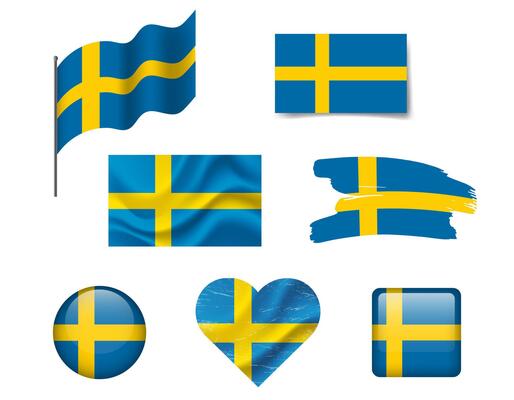 Sweden flag set of icons. flag of Sweden, symbol. Set of Sweden flags brush, button, waved, heart.