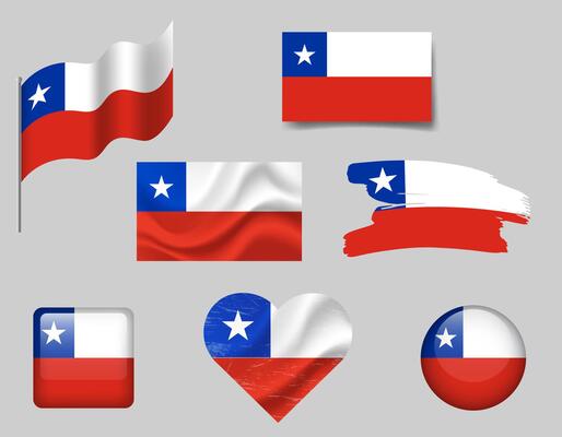 Chile flag set of icons. flag of Chile, symbol. Set of Chile flags button, brush, waved, heart.