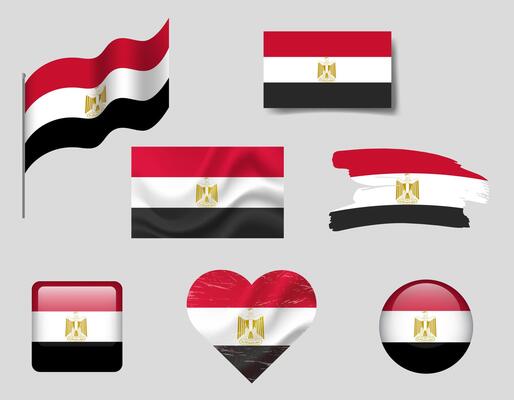 Egypt flag set of icons. flag of Egypt, symbol. Set of Egyptian flags button, brush, waved, heart.