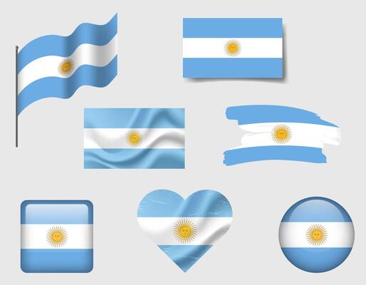 Argentina flag set of icons. flag of Argentina, symbol. Set of Argentinean flags brush, button, waved, heart.
