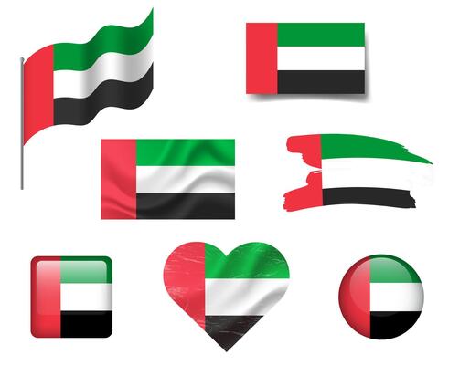 Arab Emirates flag set of icons. flag of UAE, symbol. Set of Arab Emirates flags button, waved, heart.
