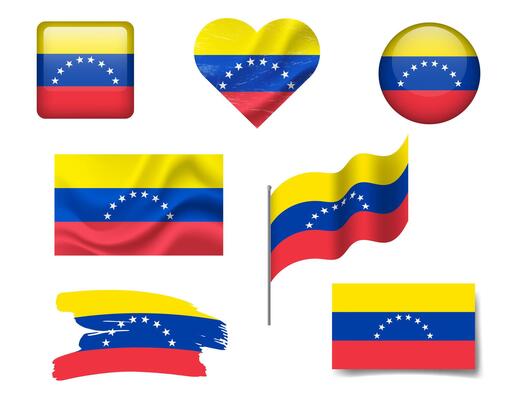 Venezuela flag set of icons. flag of Venezuela, symbol. Set of Venezuela flags brush, button, waved, heart.