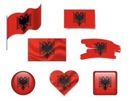 Albania flag - set of icons. flag of Albania, symbol. Set of albanian flags - button, brush, waved, heart. vector