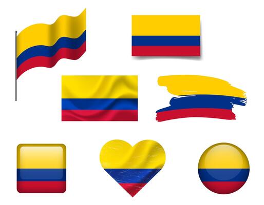 Colombia flag set of icons. flag of Colombia, symbol. Set of Colombia flags button, brush, waved, heart.