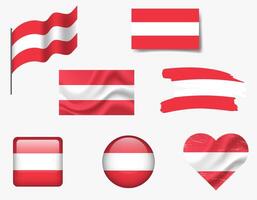 Austria flag - set of icons. flag of Austria, symbol. Set of austrian flags - button, waved, brush, heart. vector