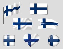 Finland flag set of icons. flag of Finland, symbol. Set of finnish flags brush, button, waved, heart. vector