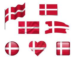 Denmark flag - set of icons. flag of Denmark, symbol. Set of Denmark flags brush, button, waved, heart. vector