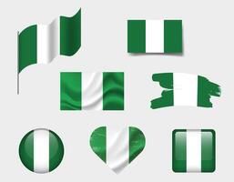 Nigeria flag set of icons. flag of Nigeria, symbol. Set of Nigerian flags button, brush, waved, heart. vector