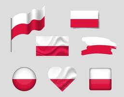 Poland flag set of icons. flag of Poland, symbol. Set of Polish flags brush, button, waved, heart. vector