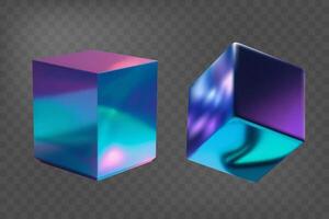 Set of 3d cubes with holographic mirror effect. Gradient polygon. Fluid color. Neon shapes in gradient colors vector