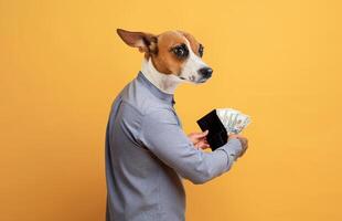 A dog, dressed as a person in a blue shirt, stands against a yellow background and holds a black wallet with money inside. The dog is looking to the right side of the frame. photo