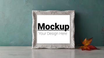 Mockup of a frame with a leaf on a table psd