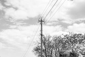 Power electric pole with line wire on dark background close up photo