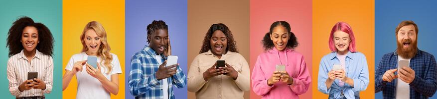 A group of seven friends stands side by side, each engaged with their smartphones, displaying expressions of joy and excitement against colorful backgrounds. photo